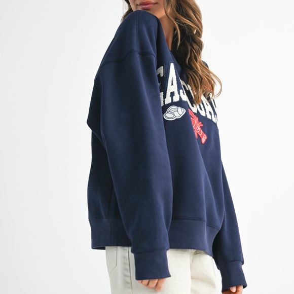 Navy East Coast Coastal Seaside Graphic Fleece Pullover Sweatshirt - Picture 4 of 5